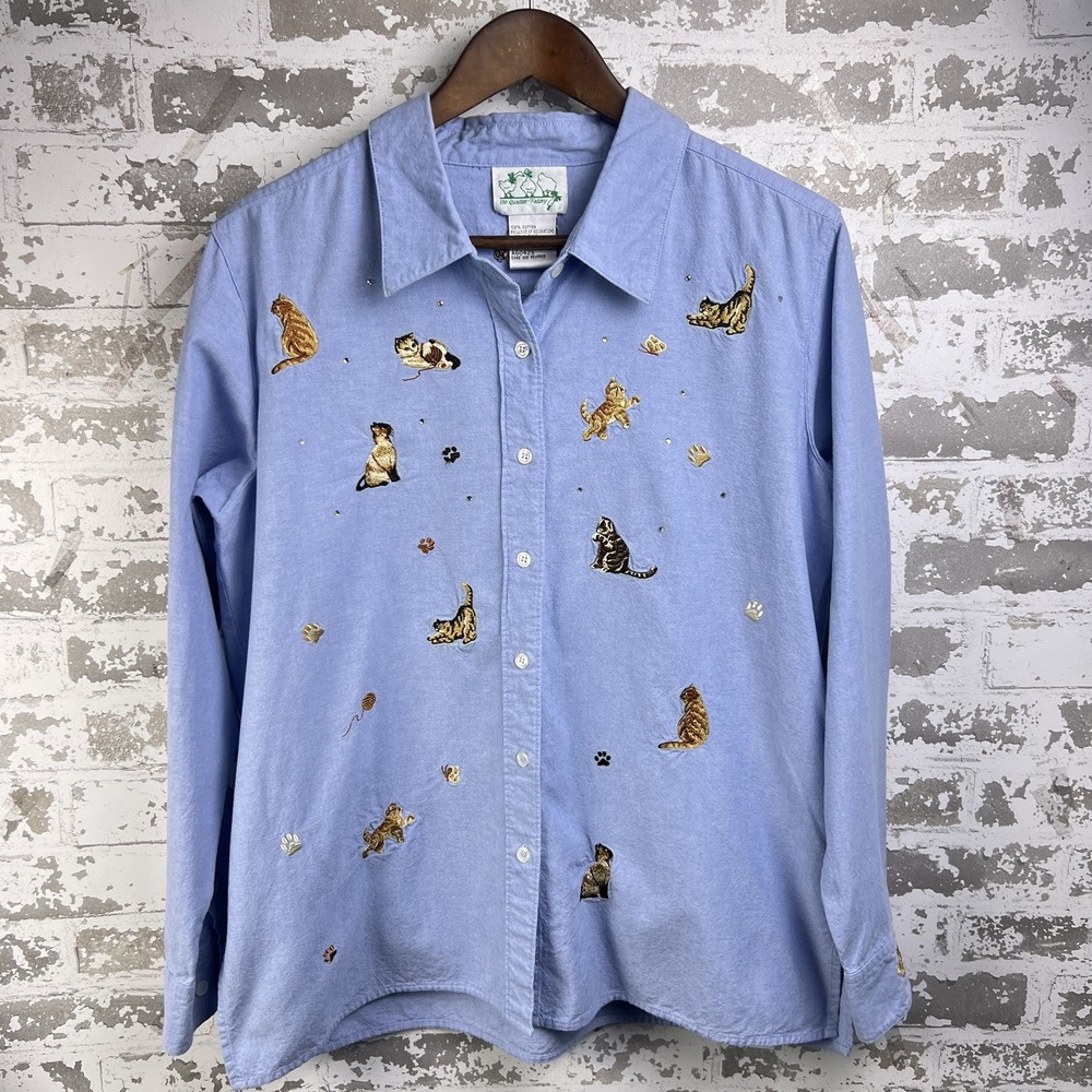 Chambray Denim M Button Up Embroidered Playful Cats Chasing Butterflies Sequins